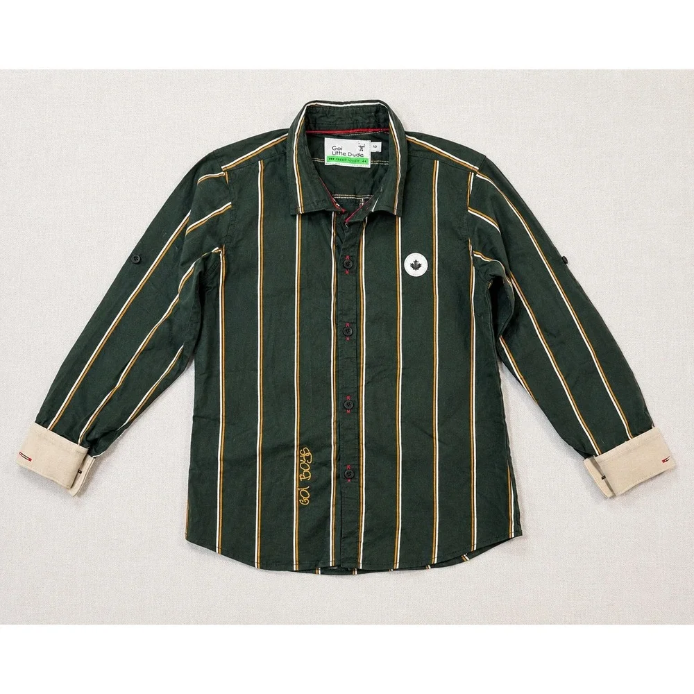 Goi Little Dude Boys Green Striped Roll Tab Sleeve Button Down Shirt Size 6
